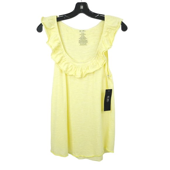 BCBG Paris Tank Top Womens Size S Double Ruffle Neck Yellow Sleeveless Cotton - Picture 1 of 9